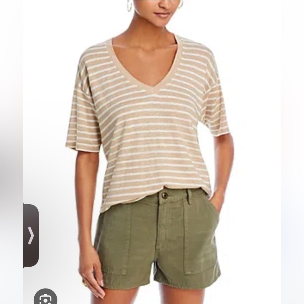 Faherty Beige and White Striped V-Neck Tee